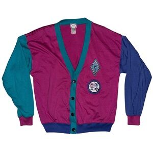Vintage 80s-90s western Aztec sweater cardigan purple fuchsia teal with patches
